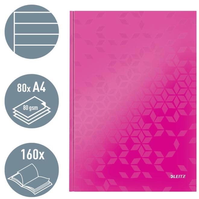 Notitieboek Leitz WOW A4 160blz 90gr lijn roze