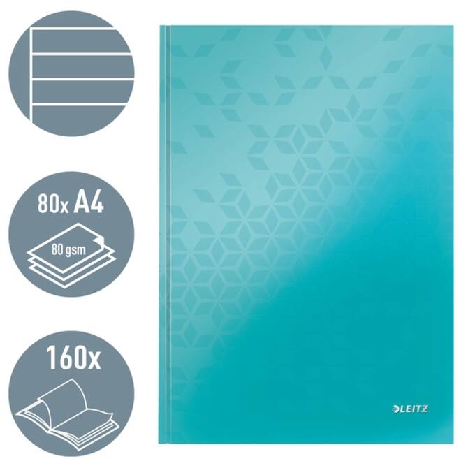 Notitieboek Leitz WOW A4 160blz 90gr lijn ijsblauw