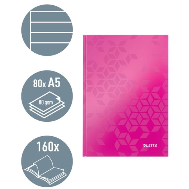 Notitieboek Leitz WOW A5 160blz 90gr lijn roze