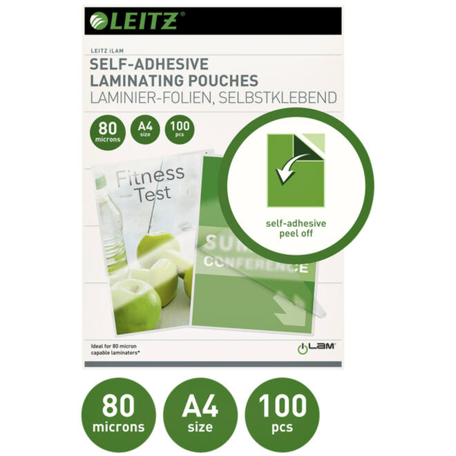 Lamineerhoes Leitz iLAM A4 zelfklevend 2x80micron EVA 100 stuks