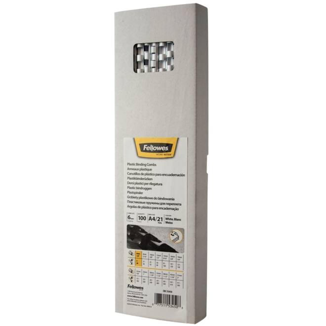 Bindrug Fellowes 6mm 21rings A4 wit 100stuks