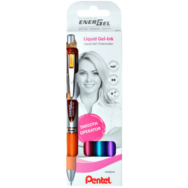 Gelschrijver Pentel BL77 Energel medium oranje-roze-lichtblauw-violet blister à 4 stuks