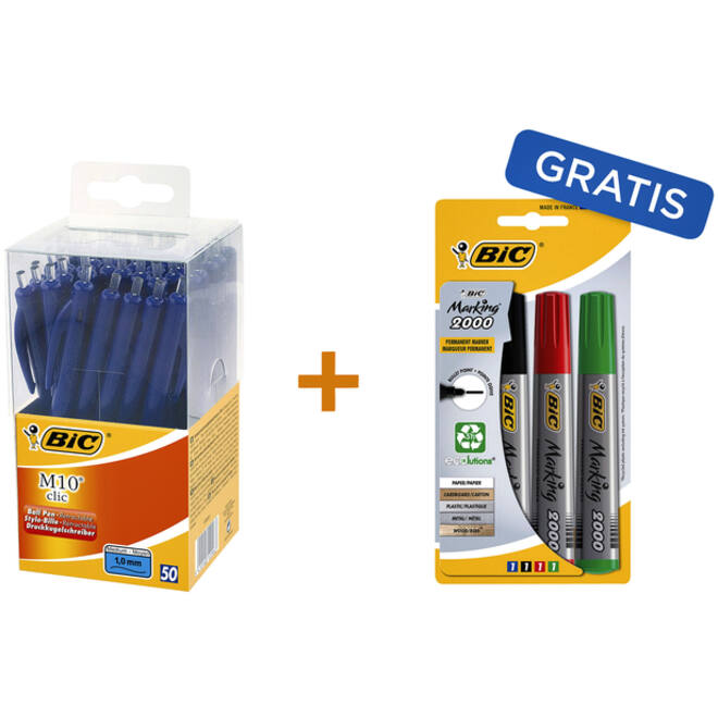 Balpen Bic M10 clic medium blauw valuepack à 50 stuks incl 4 st viltstiften