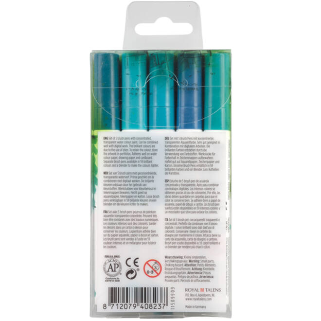 Brushpen Talens Ecoline set-groenblauw blister à 5 stuks ass