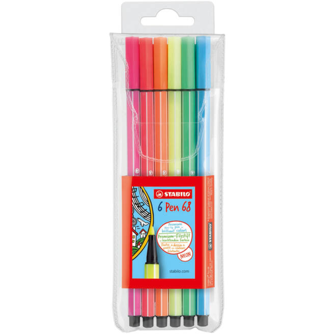 Viltstift STABILO Pen 68 medium fluor assorti etui à 6 stuks