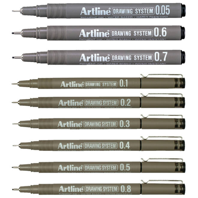 Fineliner Artline technisch etui met 0.2-0.4-0.6-0.8mm zwart