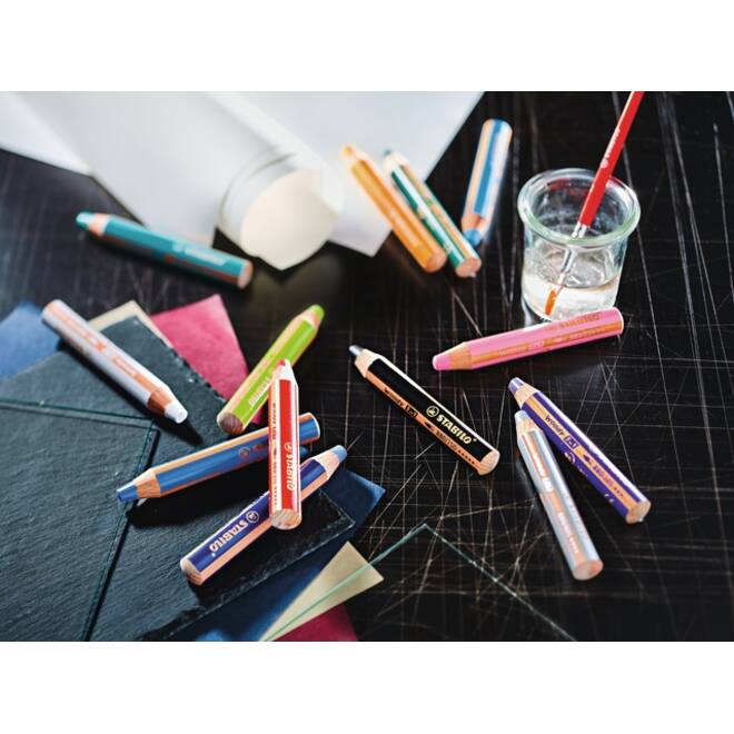 Kleurpotloden STABILO 880 woody 3 in 1 Arty inclusief puntenslijper assorti etui à 6 stuks
