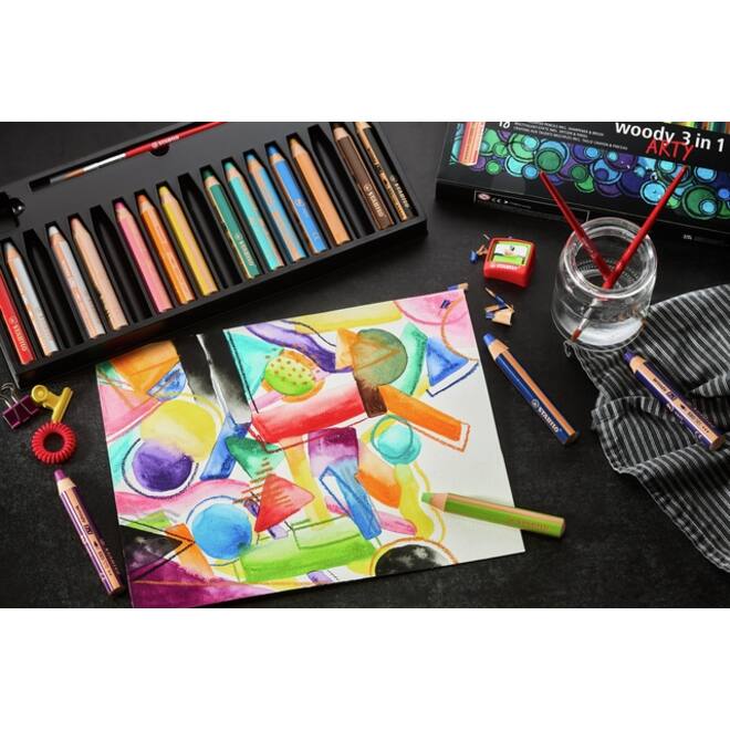 Kleurpotloden STABILO 880 woody 3 in 1 Arty inclusief puntenslijper assorti etui à 6 stuks