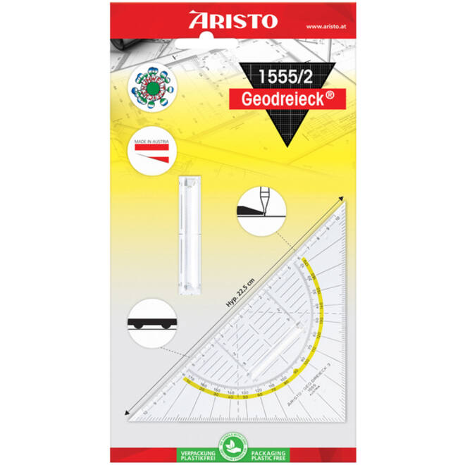 Geodriehoek Aristo 1552 160mm transparant met gele rand
