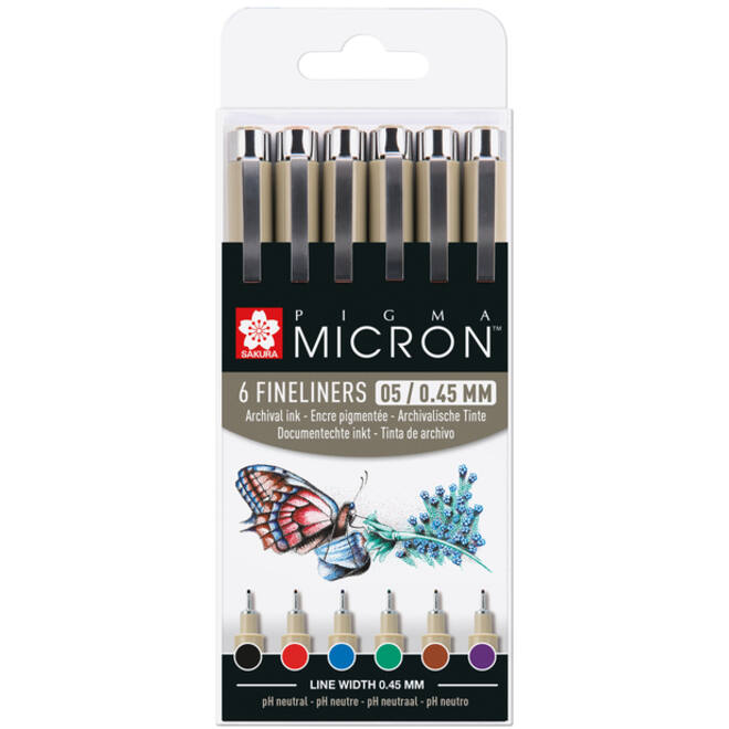 Fineliner Sakura Pigma Micron 05 basic set 6 kleuren