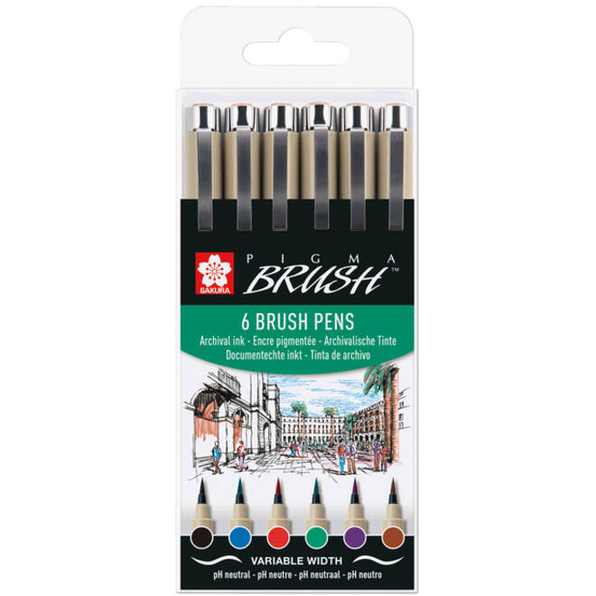 Brushpen Sakura Pigma set 6 kleuren
