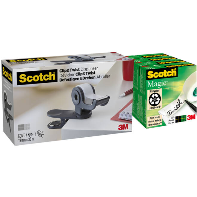 Plakbandhouder Scotch Clip C19 donkergrijs + 4rol magic tape 19mmx33m