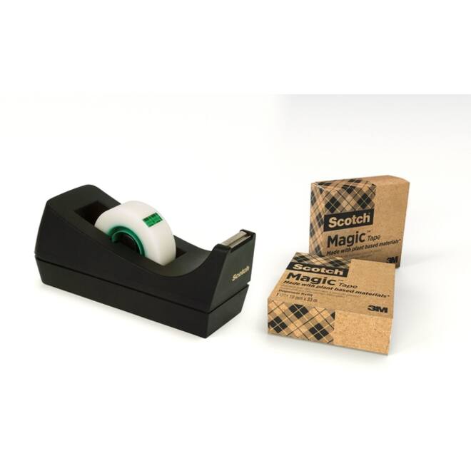 Plakbandhouder Scotch C38 recycled zwart + 3rol magic tape 900 19mmx33m