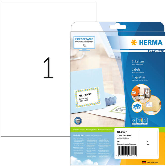 Etiket HERMA 8637 210x297mm A4 premium wit 10stuks