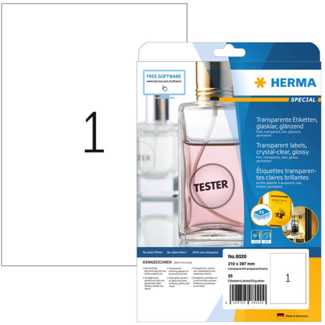 Etiket HERMA 8020 210x297mm transparant 25stuks