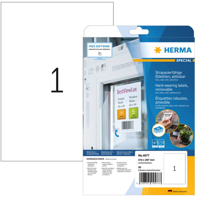 Etiket HERMA 4577 210x297mm folie wit 20stuks