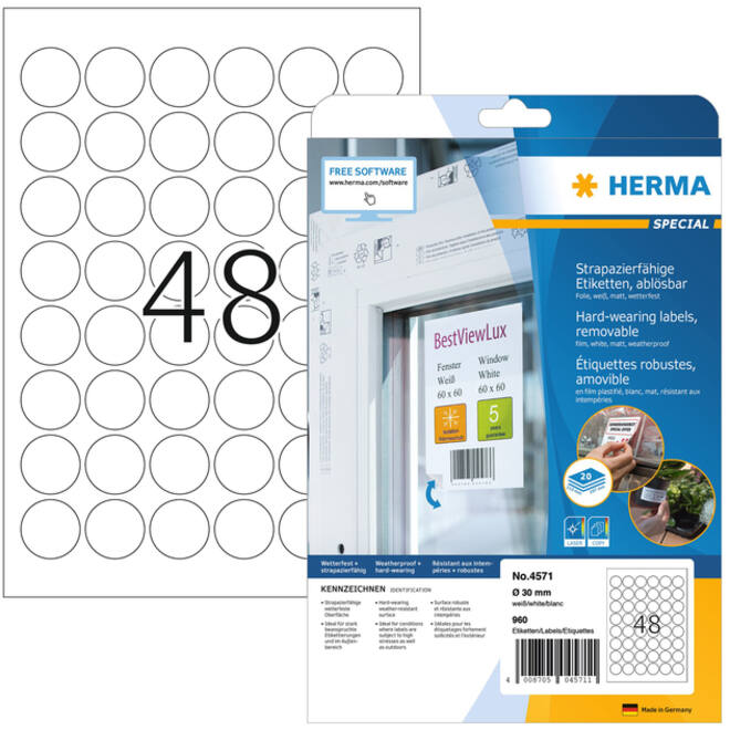 Etiket HERMA 4571 30mm rond folie wit 960stuks