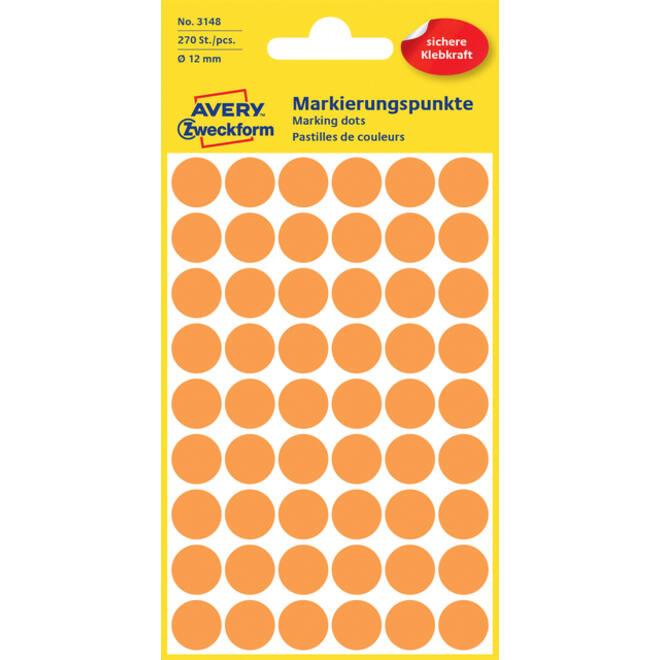 Etiket Avery Zweckform 3148 rond 12mm lichtoranje 270 stuks