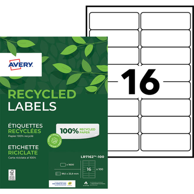 Etiket Avery LR7162-100 99.1x33.9mm recycled wit 1600stuks