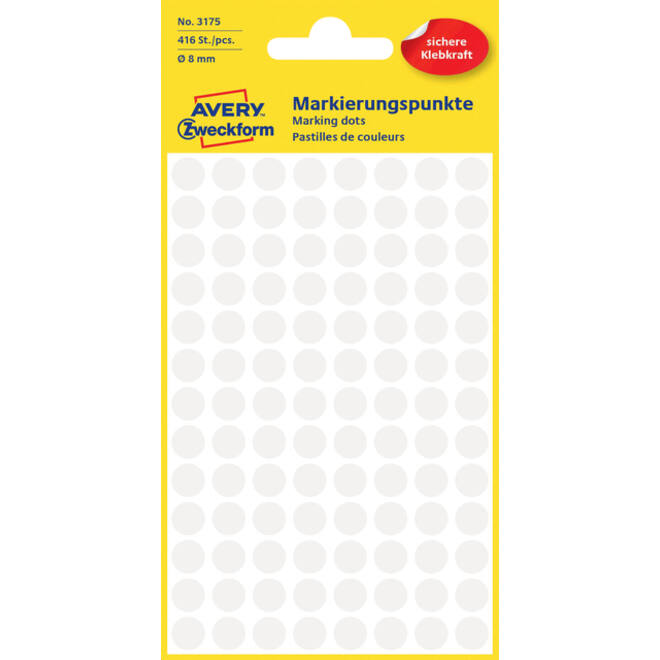 Etiket Avery Zweckform 3175 rond 8mm wit 416stuks