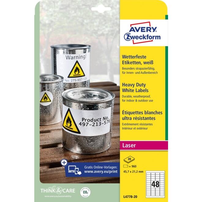 Etiket Avery L4778-20 45.7x21.2mm polyester wit 960stuks