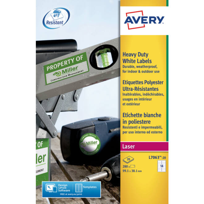 Etiket Avery L7063-20 99.1x38.1mm polyester wit 280stuks