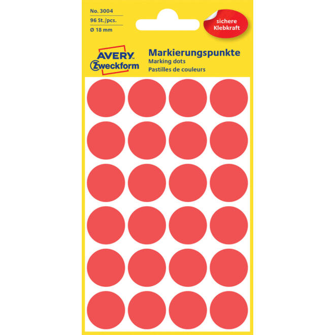 Etiket Avery Zweckform 3004 rond 18mm rood 96stuks