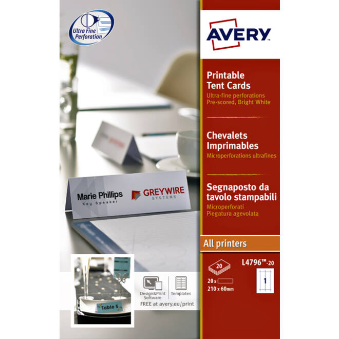 Tafelnaambord Avery L4796-20 210x60mm wit 20stuks