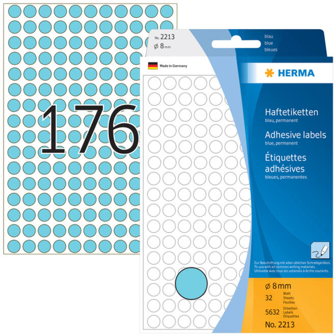 Etiket HERMA 2213 rond 8mm blauw 5632stuks