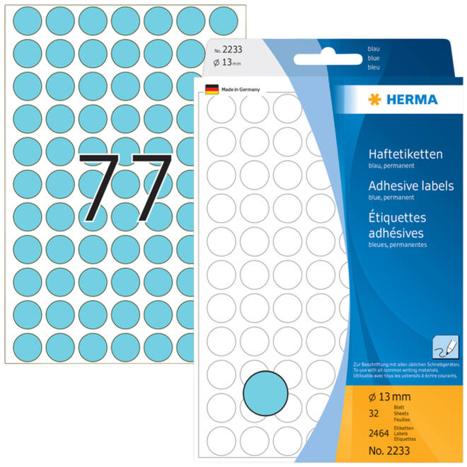 Etiket HERMA 2233 rond 13mm blauw 2464stuks