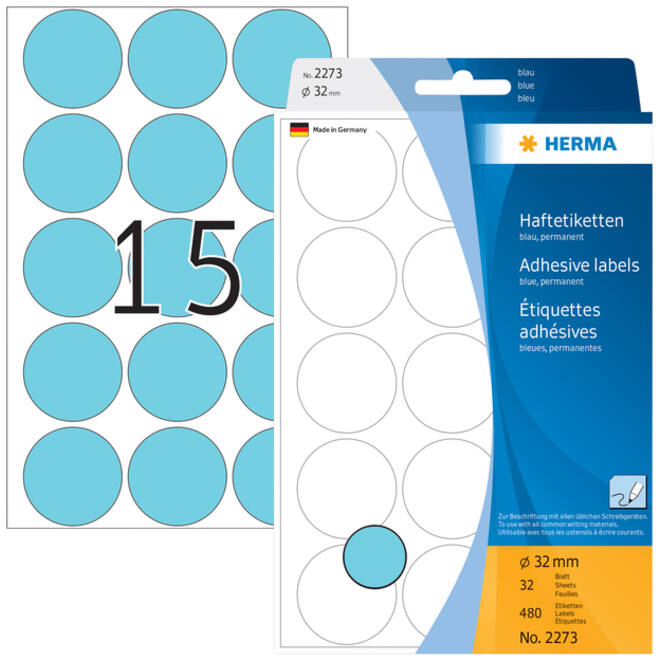 Etiket HERMA 2273 rond 32mm blauw 480stuks