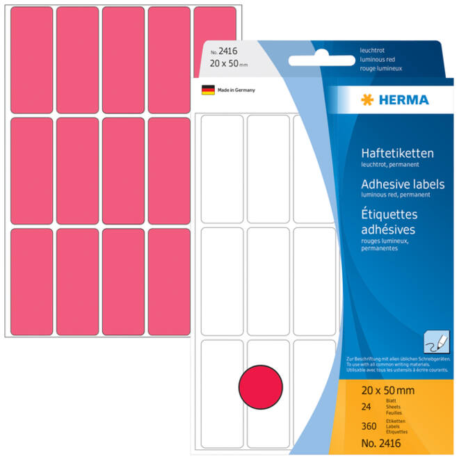 Etiket HERMA 2416 20x50mm fluor rood 360stuks