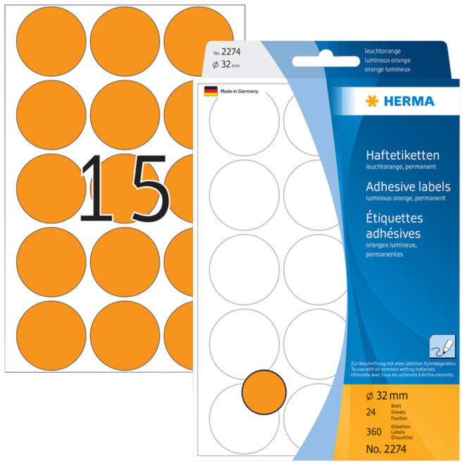 Etiket HERMA 2274 rond 32mm fluor oranje 360stuks