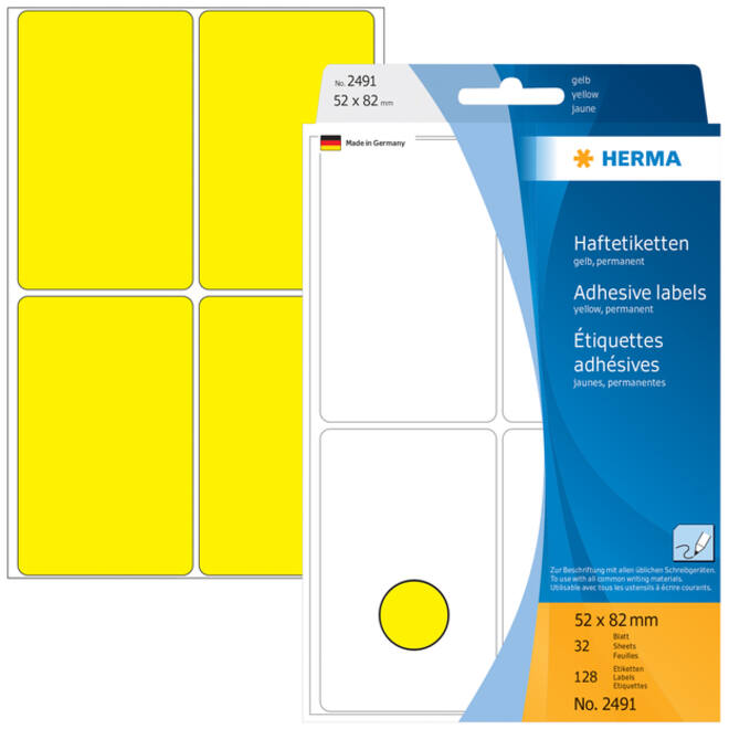 Etiket HERMA 2491 52x82mm geel 128 stuks