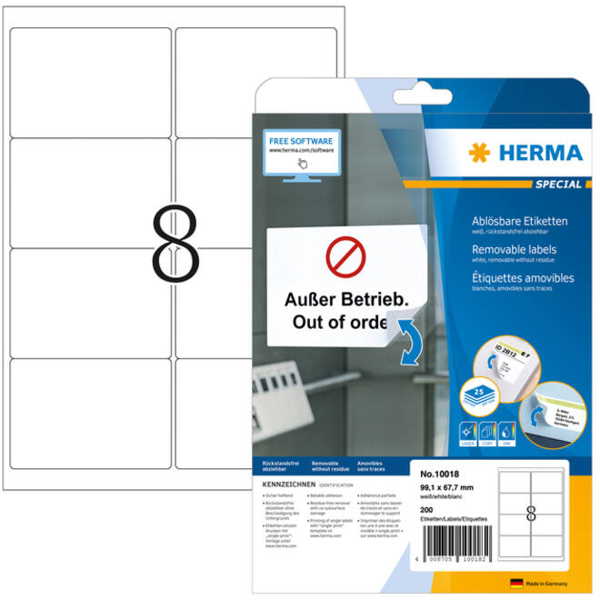Etiket HERMA 10018 99.1x67.7mm verwijderbaar wit 200stuks