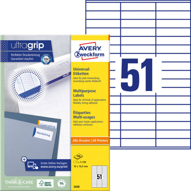 Etiket Avery Zweckform 3420 70x16.9mm wit 5100stuks