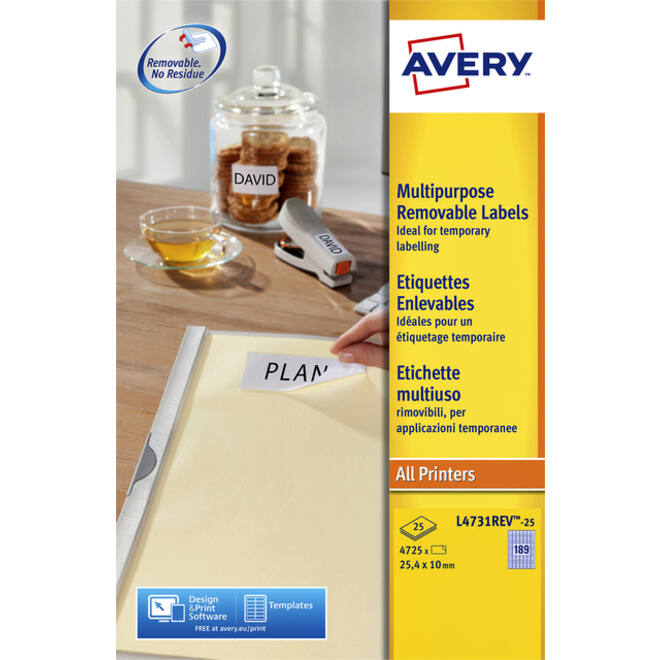 Etiket Avery L4731REV-25 25.4x10mm afneembaar wit 4725stuks