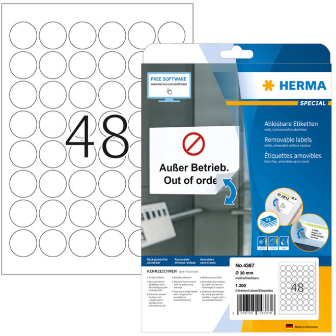 Etiket HERMA 4387 rond 30mm verwijderbaar wit 1200stuks