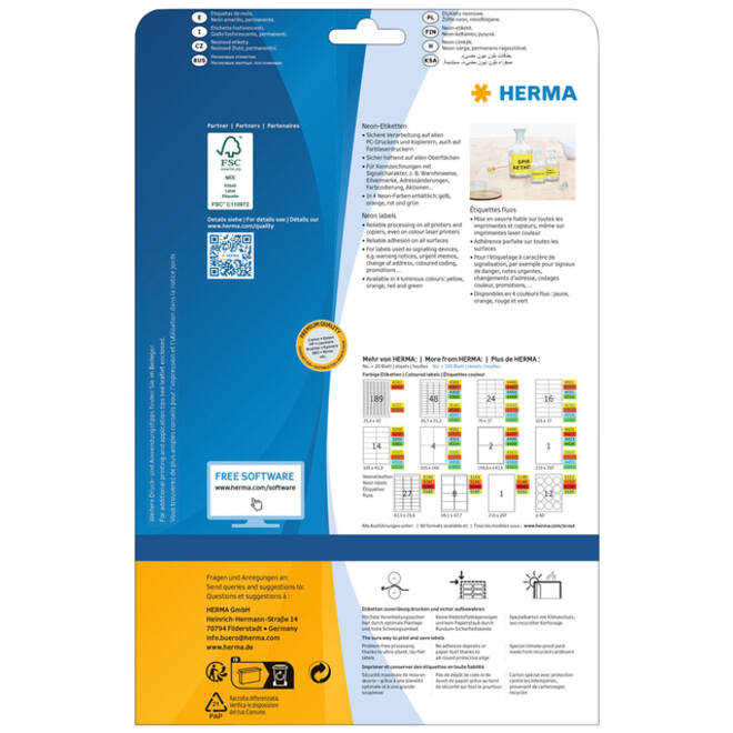 Etiket HERMA 5140 63.5x29.6mm neongeel 540stuks