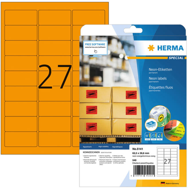 Etiket HERMA 5141 63.5x29.6mm neonoranje 540stuks