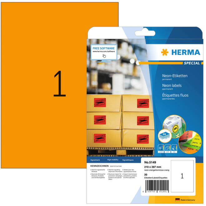 Etiket HERMA 5149 210x297mm A4 fluor oranje 20stuks