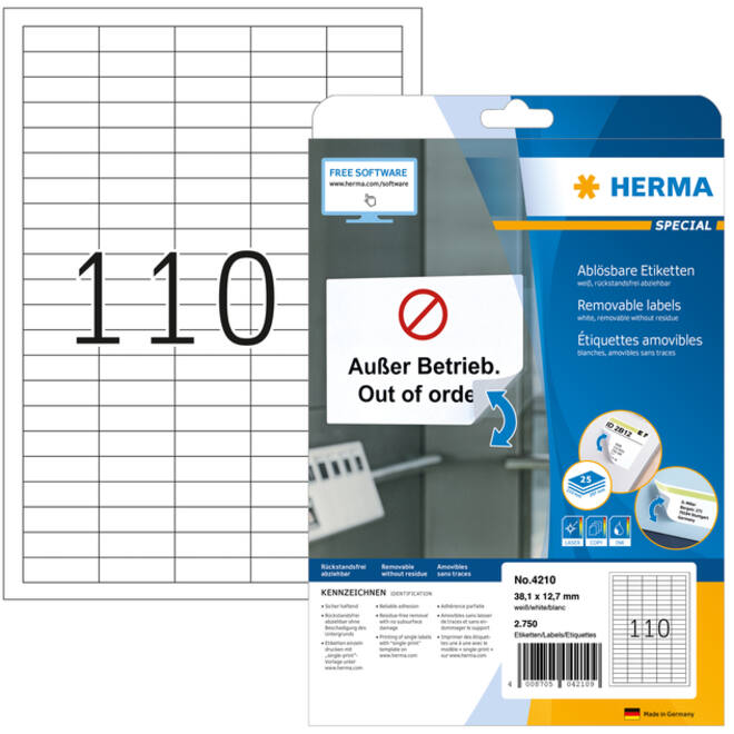 Etiket HERMA 4210 38.1x12.7mm verwijderbaar wit 2750stuks