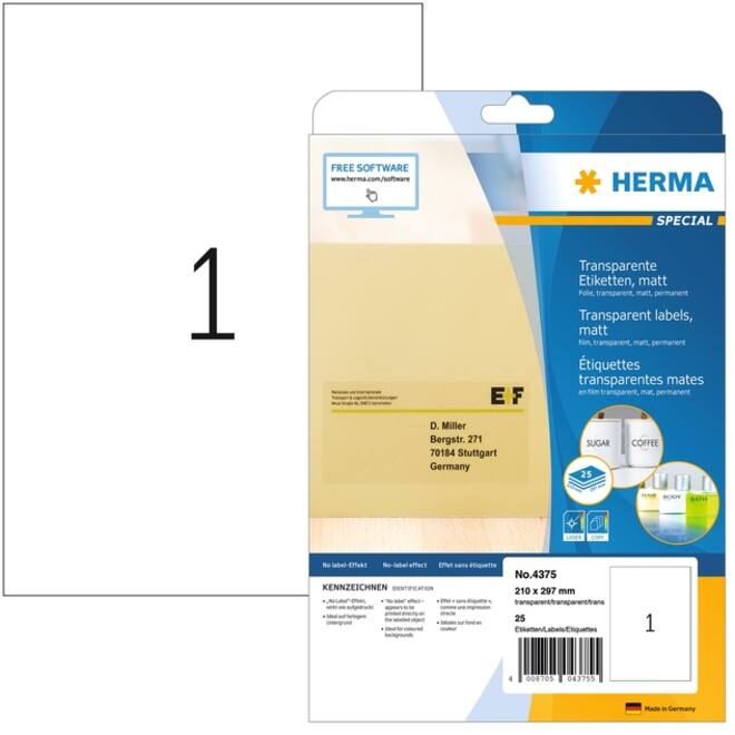 Etiket HERMA 4375 210x297mm A4 transparant 25stuks