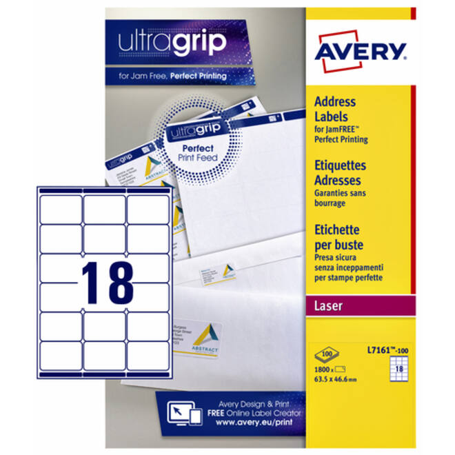 Etiket Avery L7161-100 63.5x46.6mm wit 1800stuks