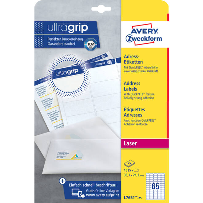 Etiket Avery L7651-25 38.1x21.2mm wit 1625stuks