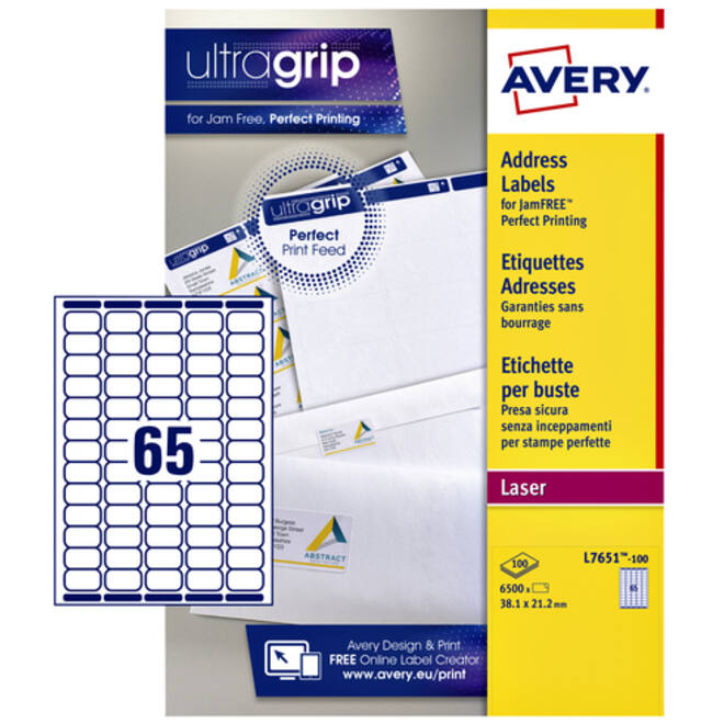 Etiket Avery L7651-100 38.1x21.2mm wit 6500stuks