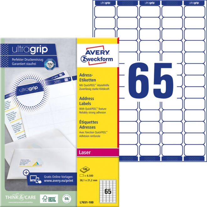 Etiket Avery L7651-100 38.1x21.2mm wit 6500stuks