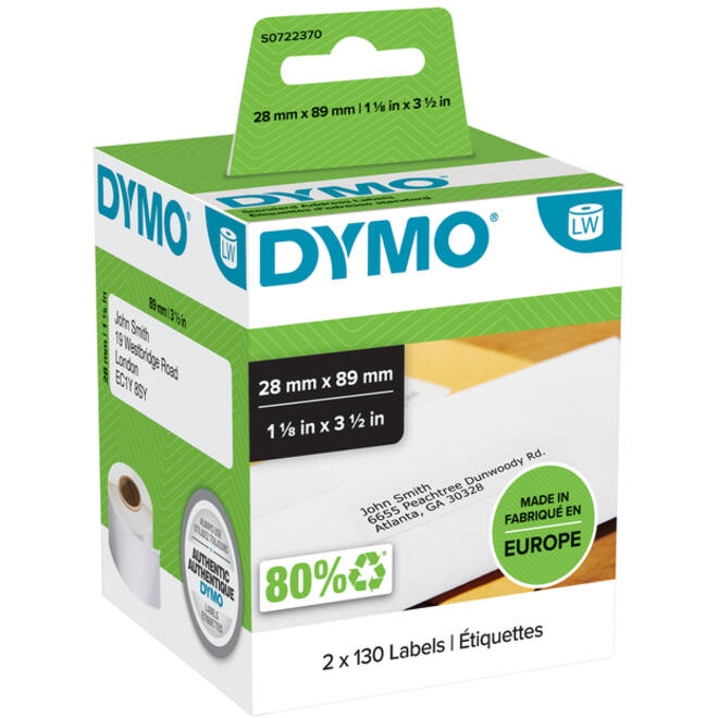 Etiket Dymo LabelWriter adressering 28x89mm 2 rollen á 130 stuks wit