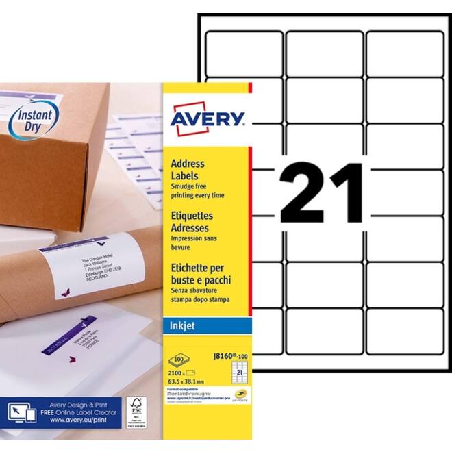 Etiket Avery J8160-100 63.5x38.1mm wit 2100stuks