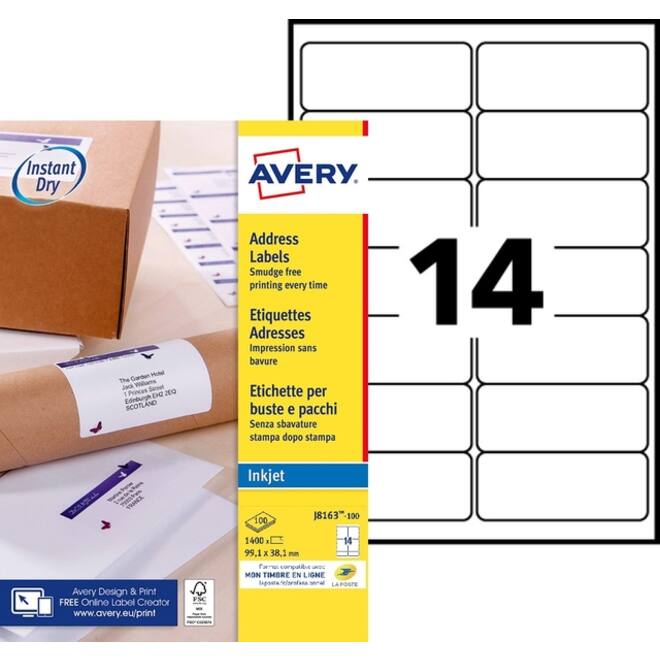 Etiket Avery J8163-100 99.1x38.1mm wit 1400stuks